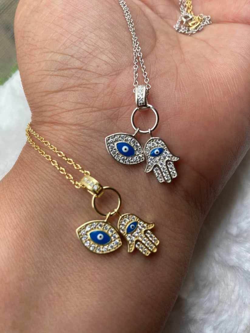 Evil Eye Hamsa Necklace, Sterling Silver